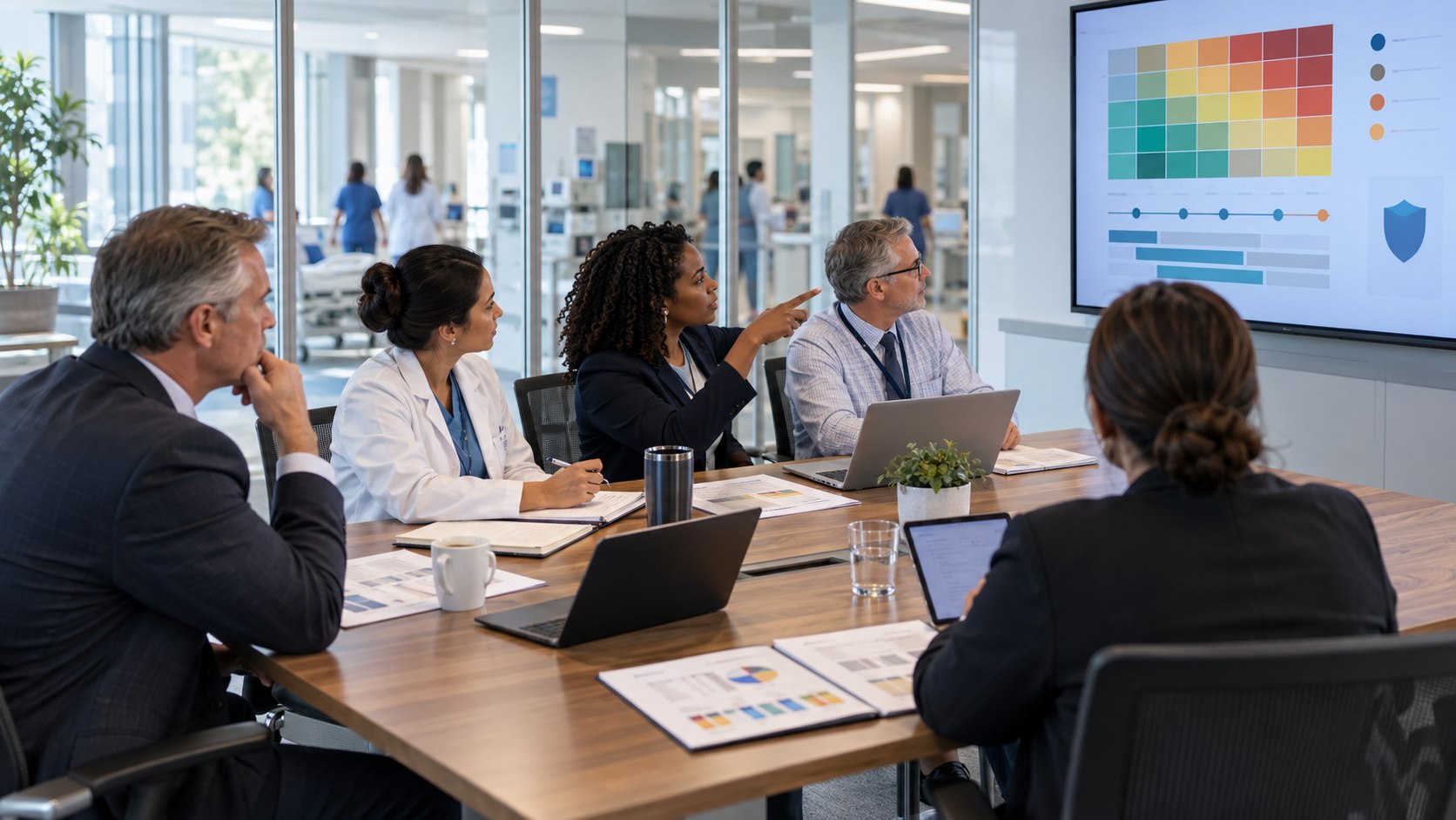 Hospital leaders reviewing cybersecurity risk and governance priorities
